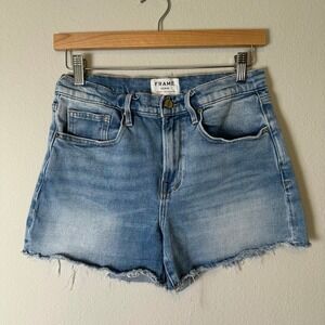 Frame Le Brigette High Rise Denim Shorts Sand Dollar Blue Raw Hem Size 27